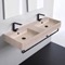 Beige Travertine Design Ceramic Wall Mounted Double Sink With Matte Black Towel Holder